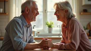 Couple mature souriant main dans la main dans la cuisine