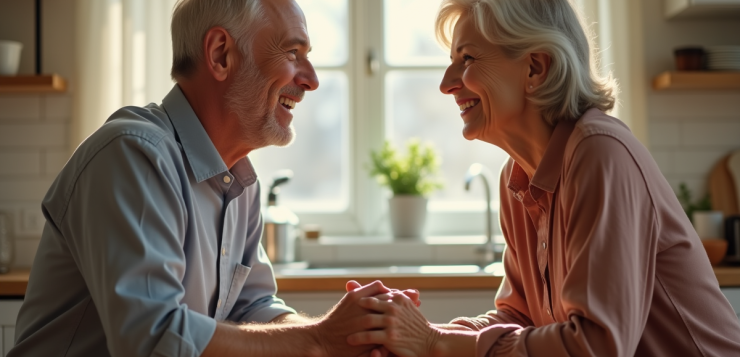 Couple mature souriant main dans la main dans la cuisine