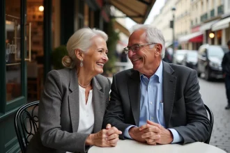 Couple mature et élégant attablé en terrasse de café parisien, partageant un moment complice et souriant