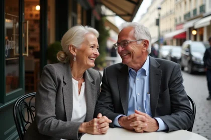 Couple mature et élégant attablé en terrasse de café parisien, partageant un moment complice et souriant