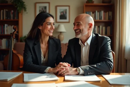Couple souriant dans un salon avec instruments et livres