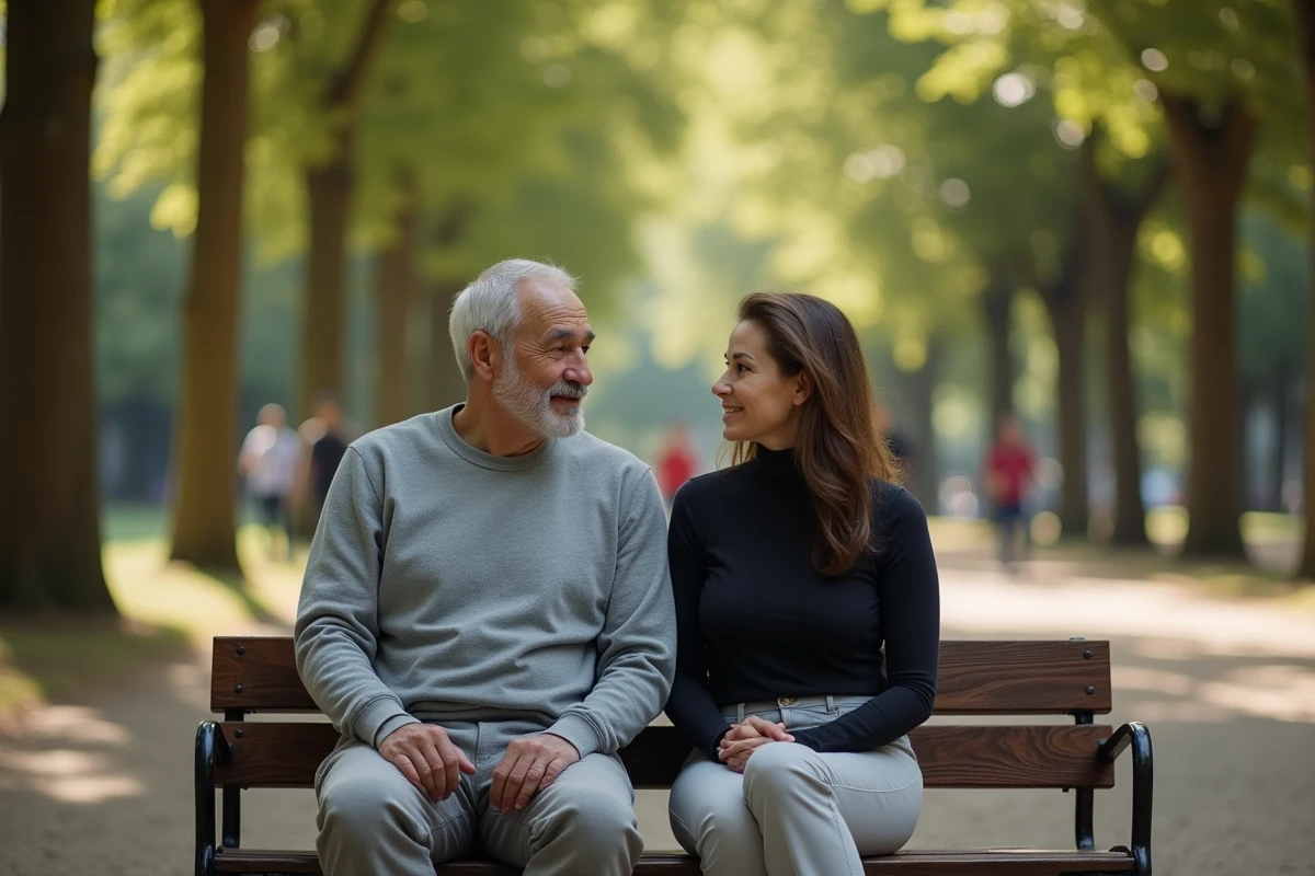 Couple assis sur un banc dans un parc, illustrant la relation entre un humoriste célèbre et sa compagne qui préserve son anonymat