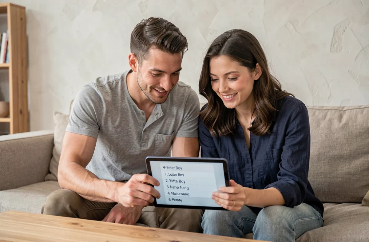 Couple de futurs parents consultant une liste de prénoms garçon en 4 lettres sur une tablette dans leur salon