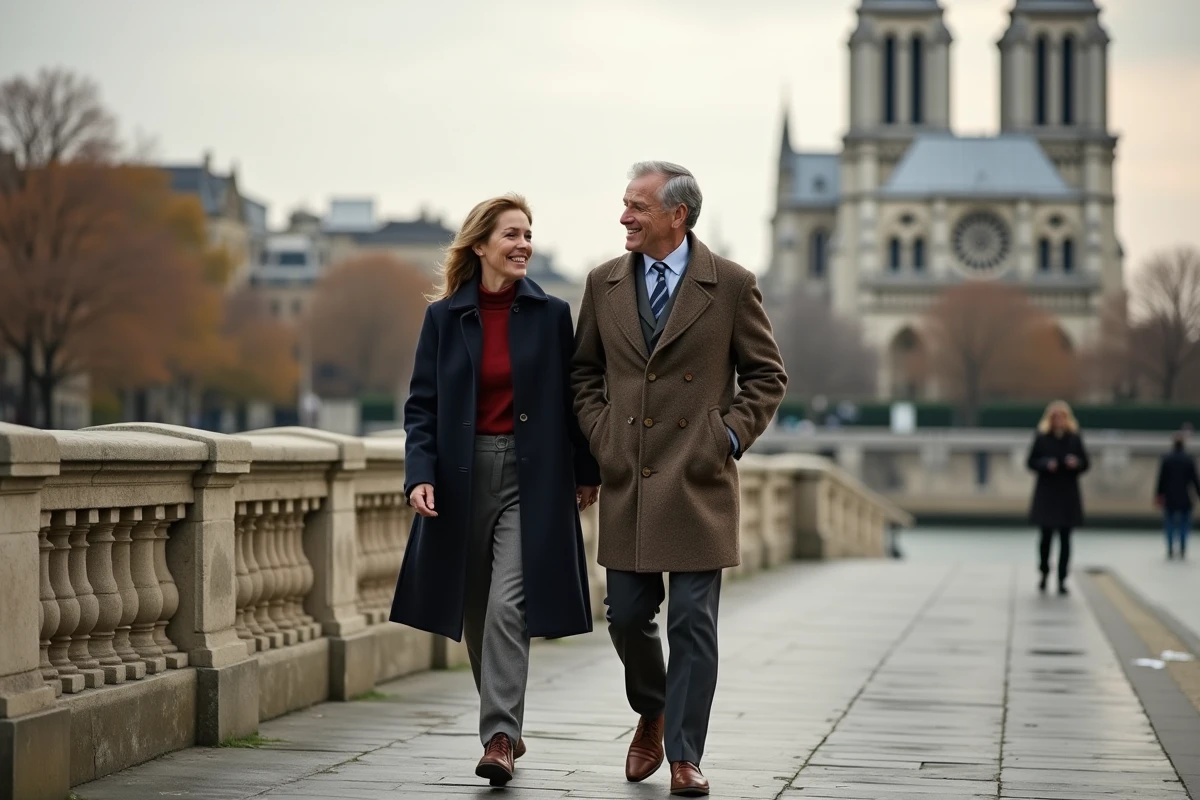 Couple élégant et complice se promenant au bord de la Seine à Paris lors d'une journée d'automne