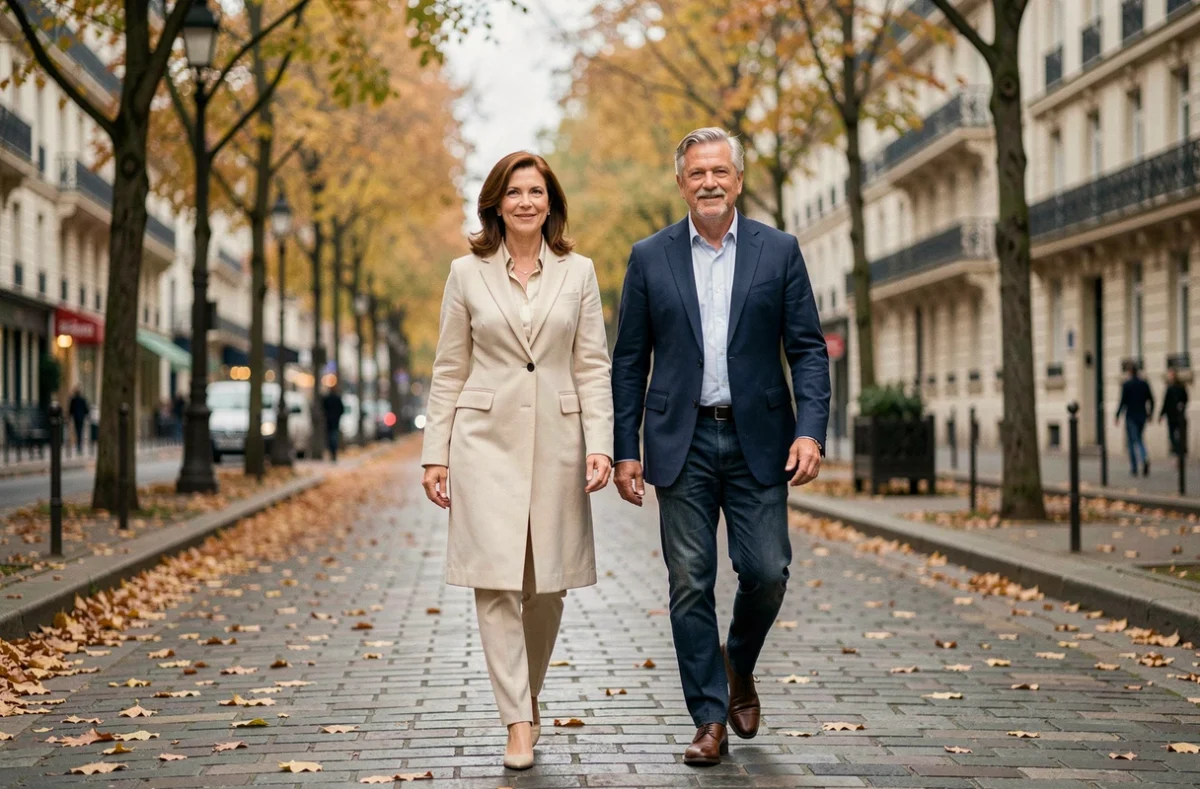Couple élégant d'une cinquantaine d'années se promenant bras dessus bras dessous sur un boulevard parisien aux couleurs automnales