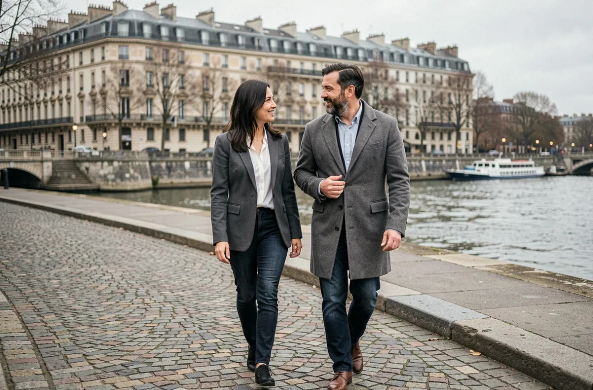Couple se promenant au bord de la Seine à Paris dans une atmosphère détendue et complice, illustrant une relation amoureuse dans un cadre urbain français