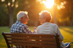 Couple senior souriant main dans la main dans un parc ensoleille