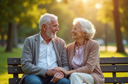Couple senior assis sur un banc ensoleille dans un parc