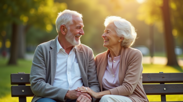 Couple senior assis sur un banc ensoleille dans un parc