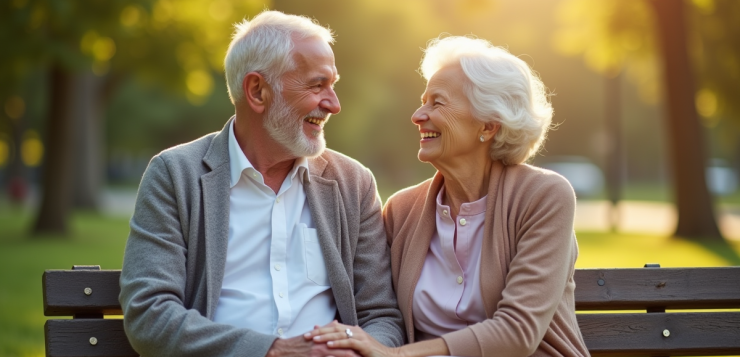 Couple senior assis sur un banc ensoleille dans un parc