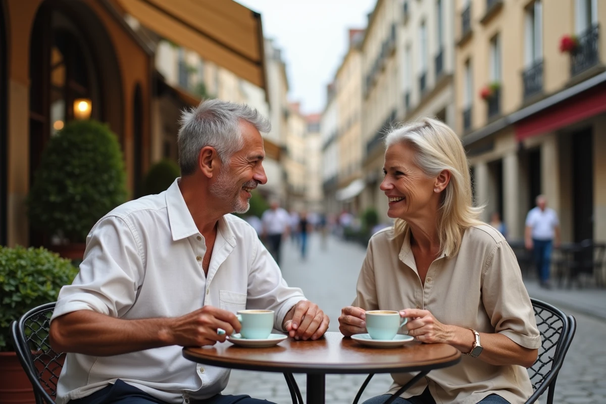 Deux hommes partageant un café en terrasse à l'européenne, dans une atmosphère complice et détendue
