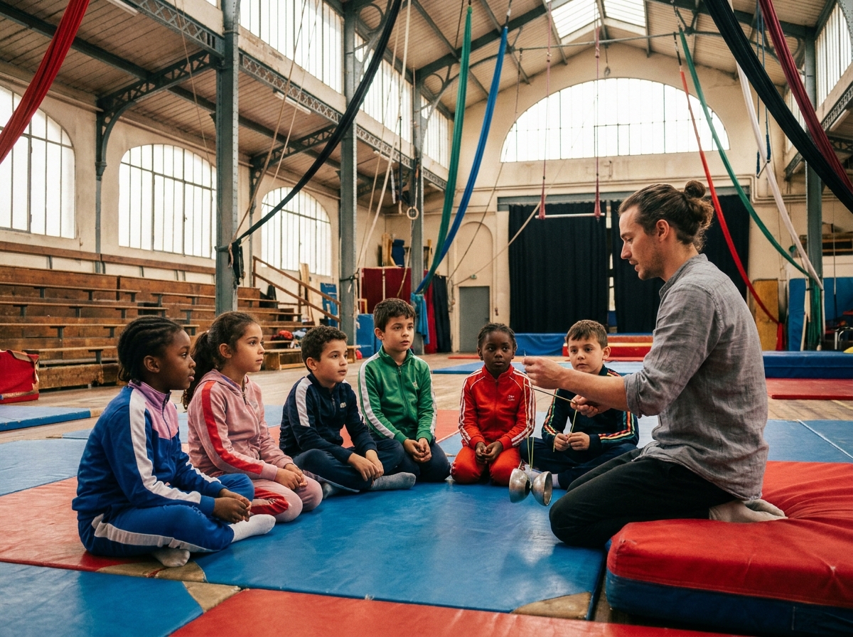 Groupe d'enfants en cercle assistant à une démonstration de diabolo lors d'une initiation au cirque dans un centre d'arts du cirque parisien