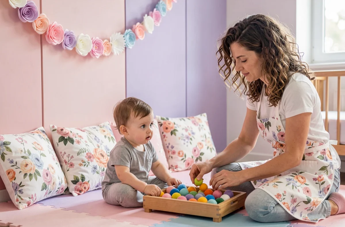 Salle décorée de fleurs pastels de la crèche Les Fleurs Sucrées dans les Pays de la Loire avec une puéricultrice et un bébé