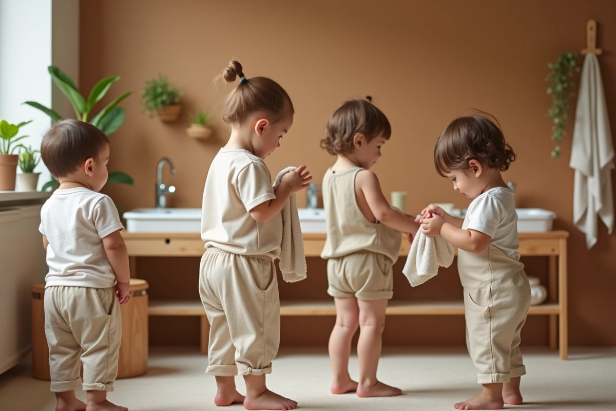 Trois enfants en crèche Montessori réalisant chacun à leur rythme les étapes de la routine hygiène, dans une salle aménagée avec du mobilier en bois à leur taille