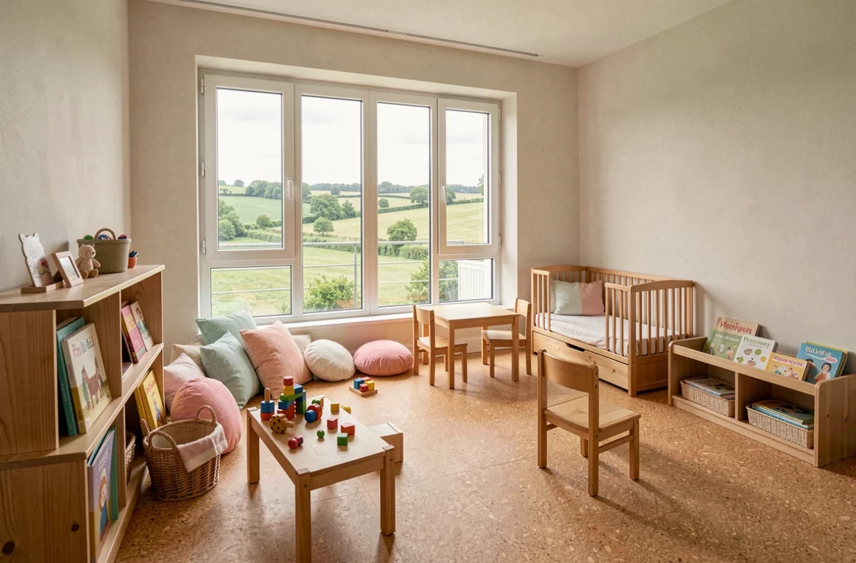 Vue d'ensemble d'une crèche chaleureuse dans les Pays de la Loire avec salle de jeux en bois et mobilier adapté aux enfants