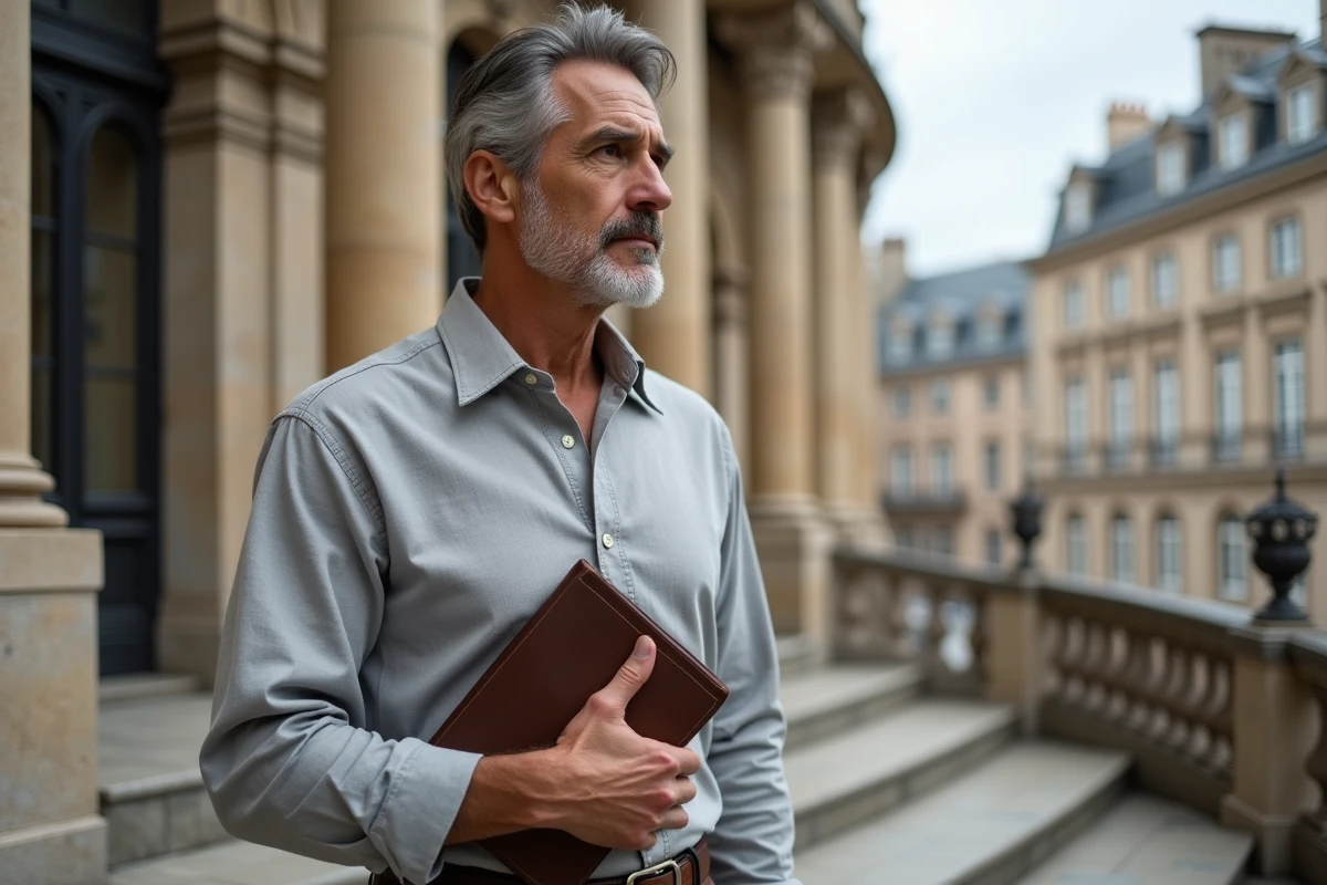 Homme élégant tenant un journal intime devant une façade européenne classique, evoquant une histoire familiale et des origines lointaines