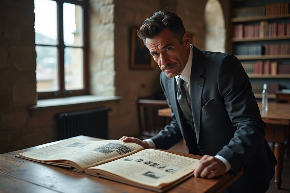 Homme aux traits méditerranéens consultant un album généalogique et des archives familiales sur une grande table en bois