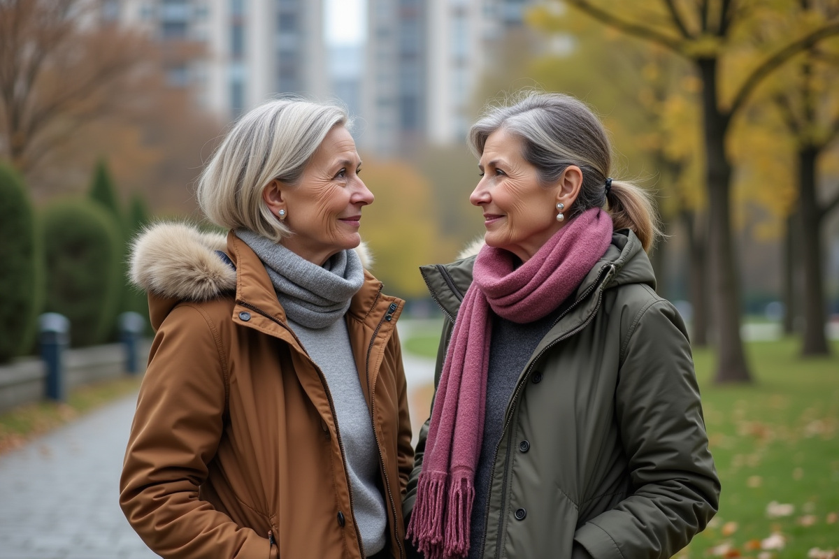 Deux femmes dans un parc urbain en promenade