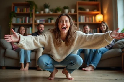 Femme adulte mimant un oiseau devant sa famille dans un salon chaleureux lors d'une partie de devinettes à mimer