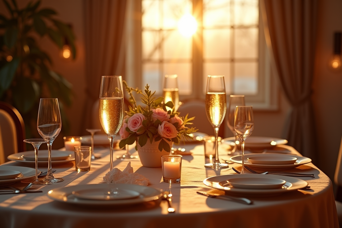 Table élégante pour deux avec décorations anniversaire et champagne