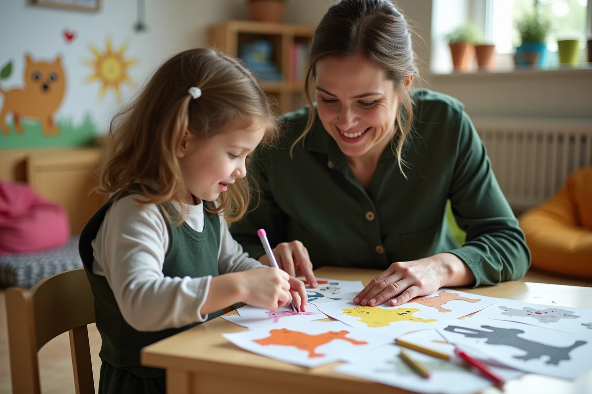 Éducatrice de maternelle aidant une élève à réaliser un bricolage autour de la chanson Trois Petits Chats avec des chats en papier découpé