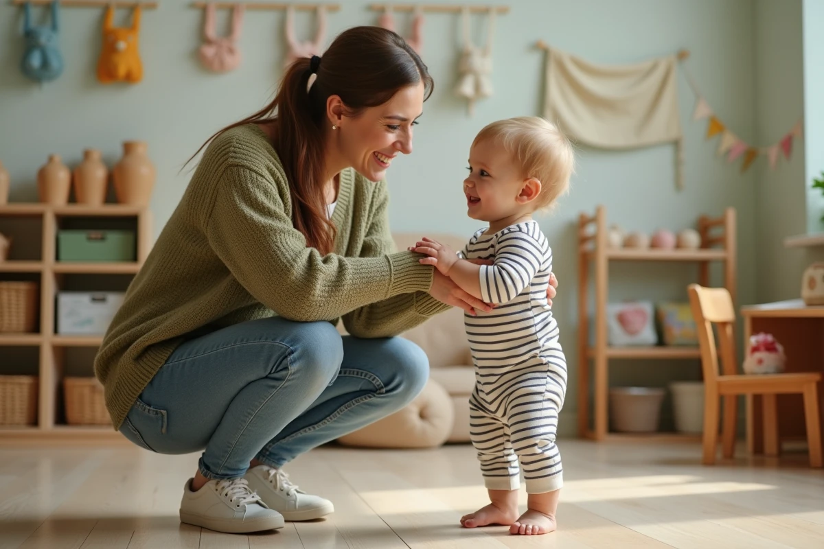 Éducatrice de crèche souriante interagissant avec un jeune enfant dans une salle de jeux colorée et sécurisée