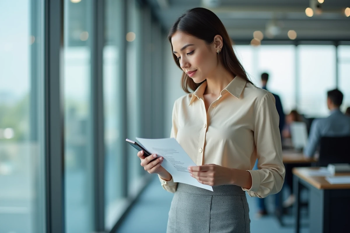 Employée SNCF debout dans un bureau tenant une checklist pour préparer son appel à l'agence paie et famille