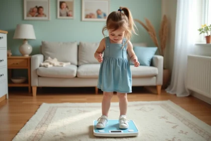 Jeune fille de 4 ans sur une balance dans un salon cosy