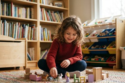 Jeune fille joyeuse arrangeant des figurines dans un salon chaleureux