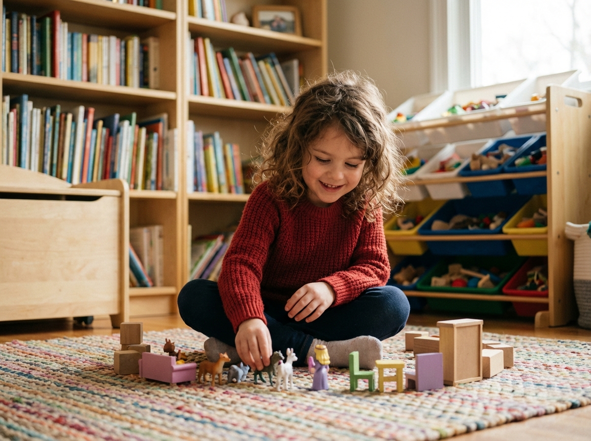 Jeune fille joyeuse arrangeant des figurines dans un salon chaleureux