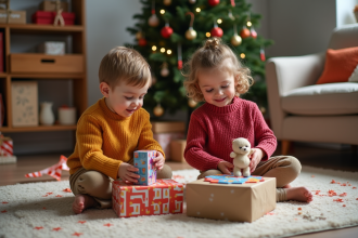 Enfants déballant des cadeaux de Noël dans un salon festif