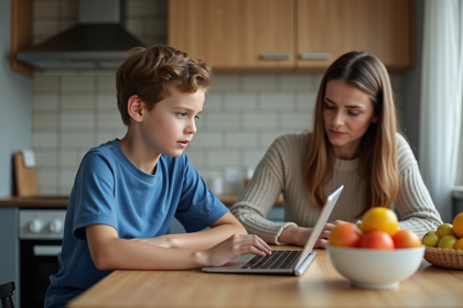 Jeune garçon parlant avec sa mère à la cuisine