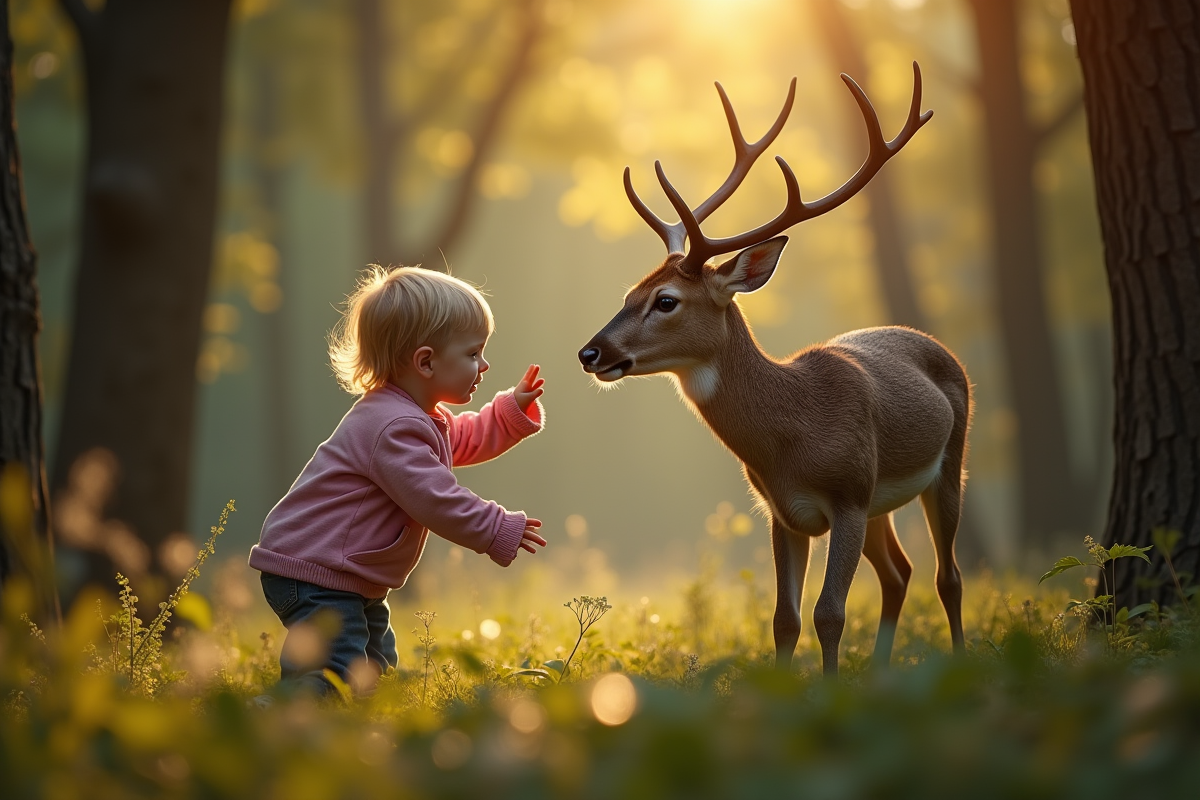 Un enfant et un cerf se touchent dans la forêt lumineuse