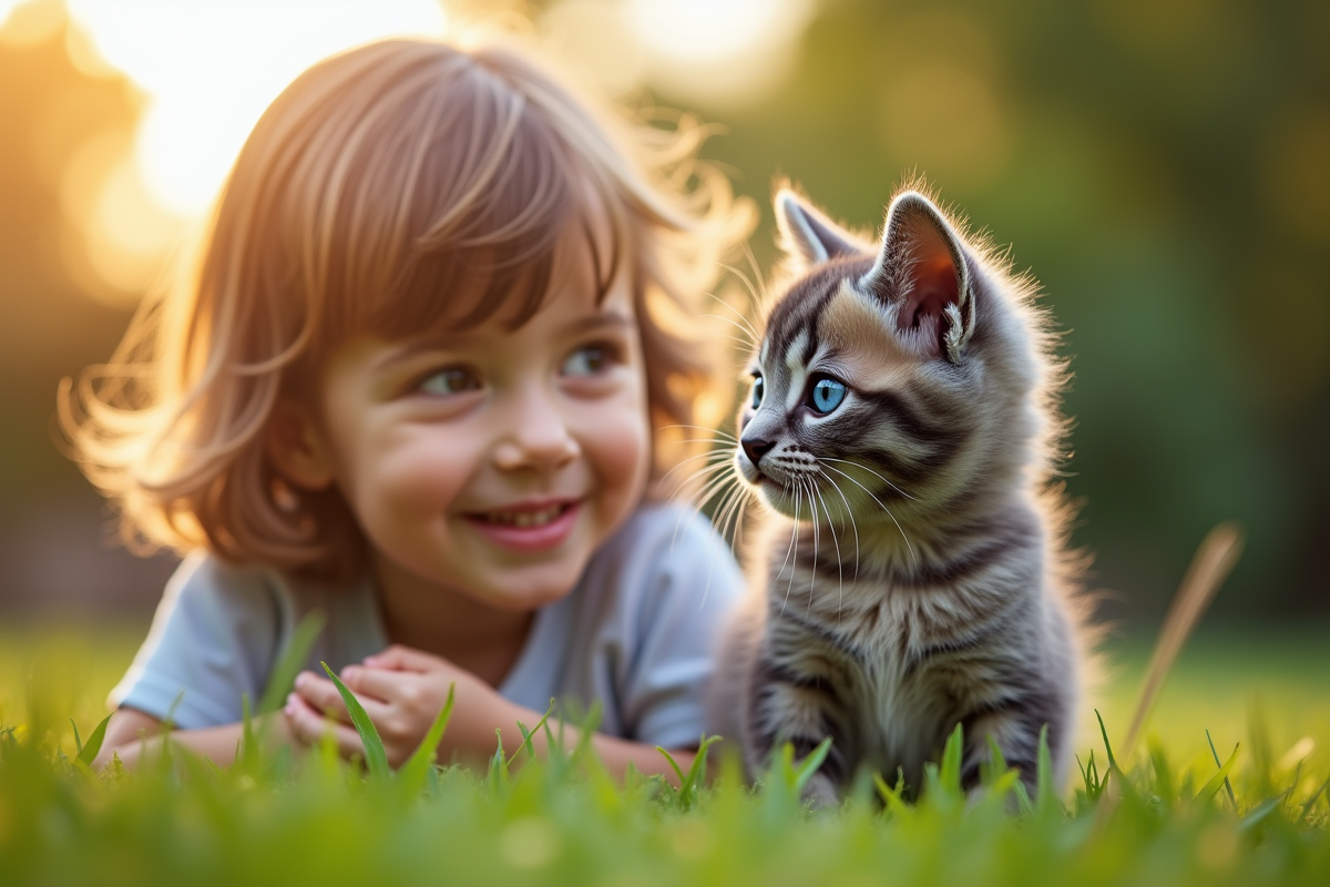 Enfant souriant avec un chaton gris dans un jardin ensoleille