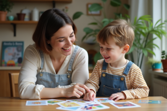 Garçon et mère jouant avec des cartes colorées à la maison