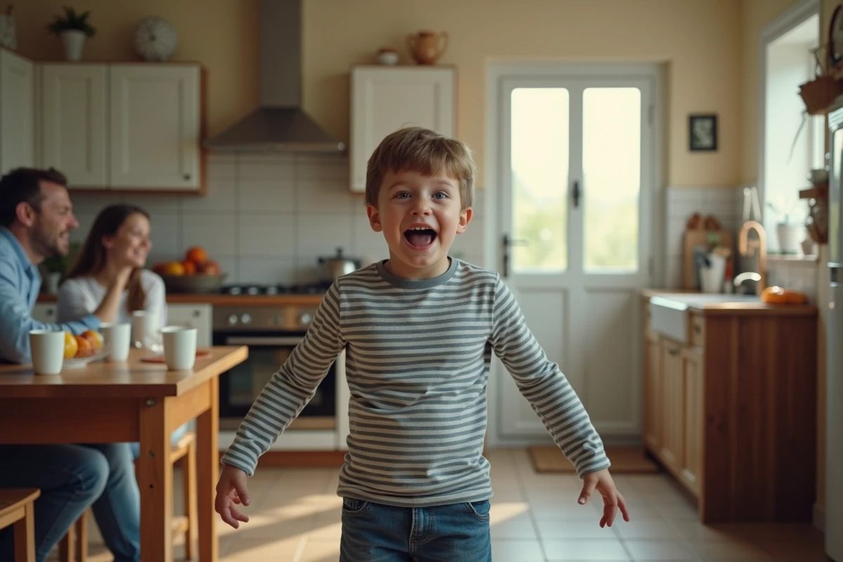 Enfant imitant un robot dans une cuisine familiale lors d'un jeu de devinettes à mimer avec ses parents