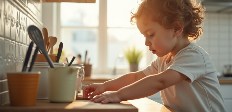 Jeune enfant atteignant des ustensiles en cuisine lumineuse