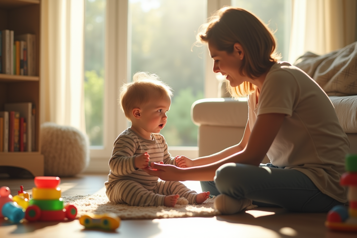 Enfant frustré dans un salon lumineux avec jouets et livres