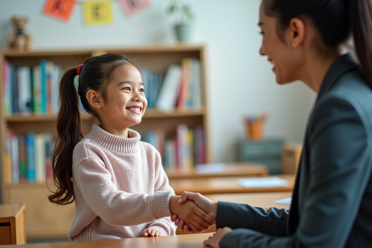 Jeune fille serrant la main de son professeur en classe