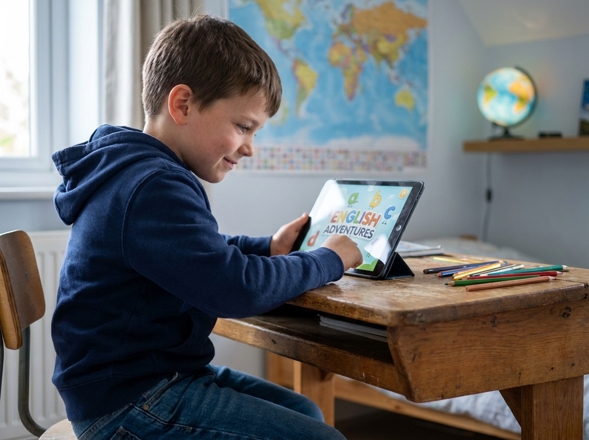 Garçon de 7 ans concentré sur une application d'apprentissage de l'anglais sur tablette dans sa chambre