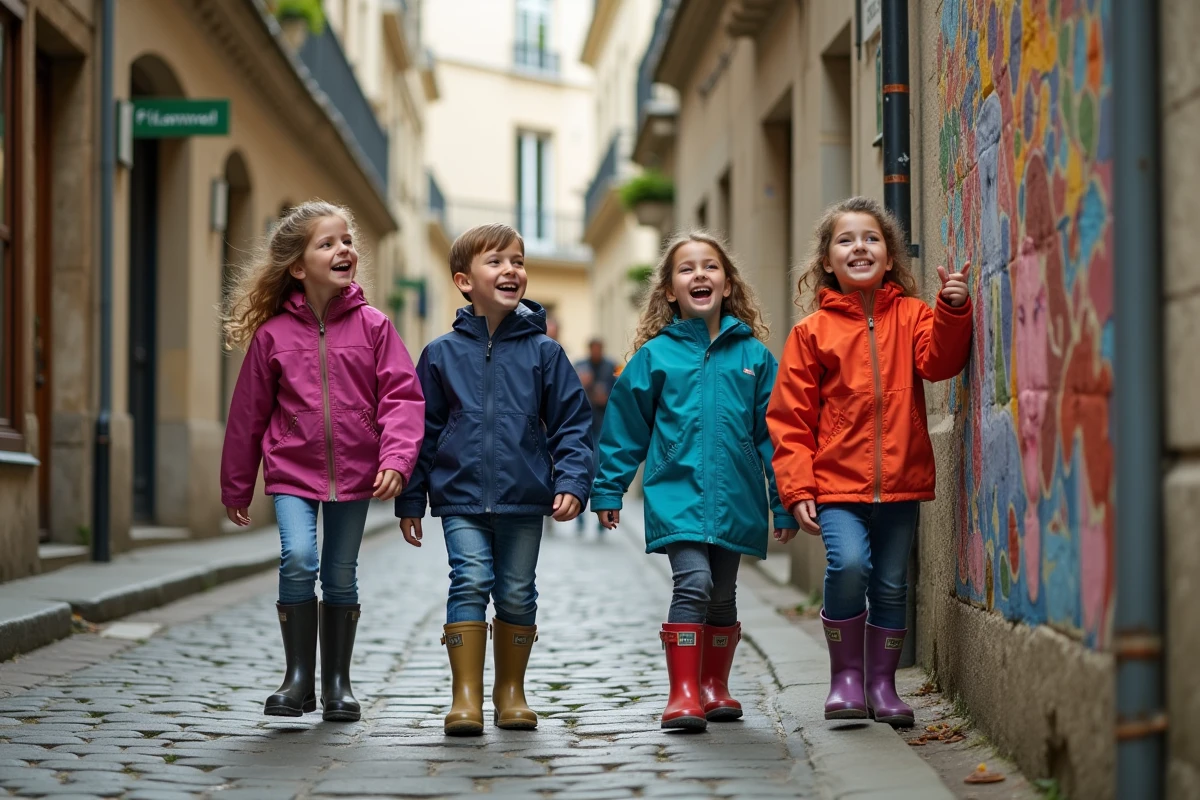 Groupe d'enfants explorant une ruelle avec street art dans un quartier méconnu de Paris