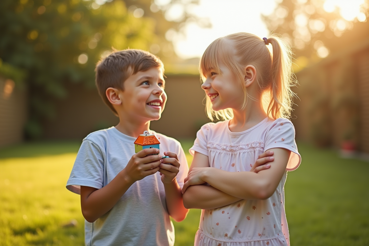 Un garçon et une fille dans le jardin avec un jouet