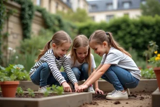 Enfants découvrant un jardin partagé parisien lors d'une activité originale hors des circuits touristiques