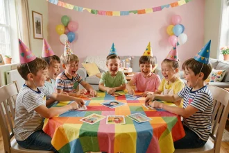 Groupe d'enfants jouant à des jeux imprimés autour d'une table d'anniversaire décorée de ballons et d'un gâteau