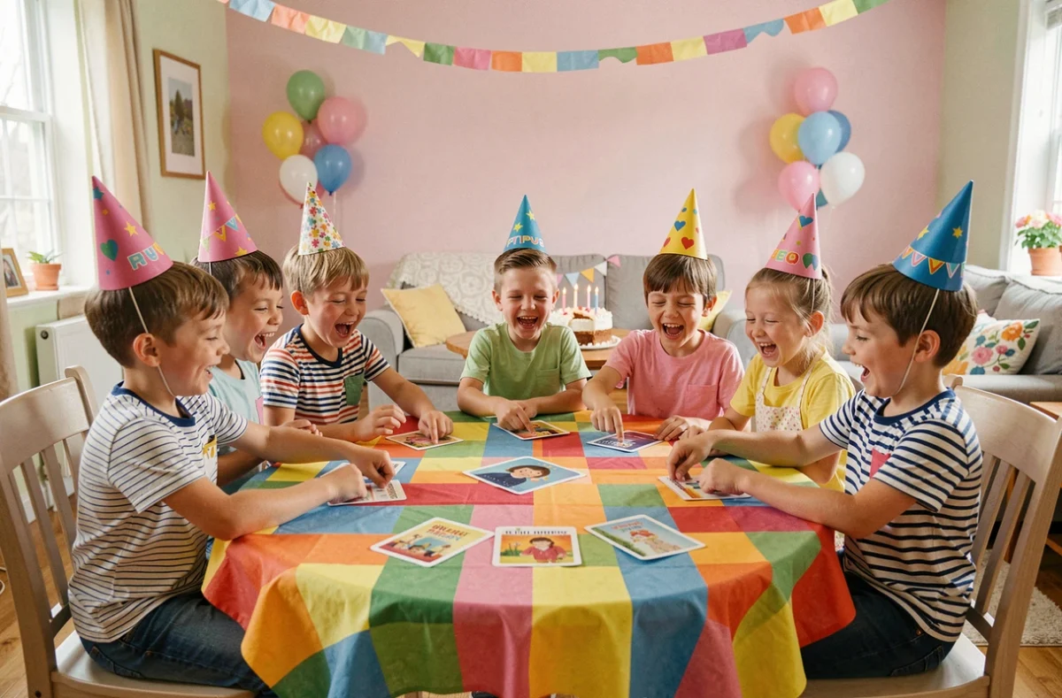 Groupe d'enfants jouant à des jeux imprimés autour d'une table d'anniversaire décorée de ballons et d'un gâteau