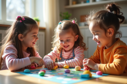 Trois enfants jouent avec des jeux de société colorés