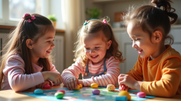 Trois enfants jouent avec des jeux de société colorés
