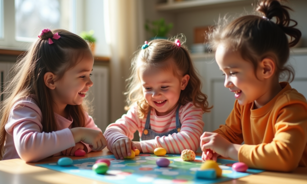 Trois enfants jouent avec des jeux de société colorés