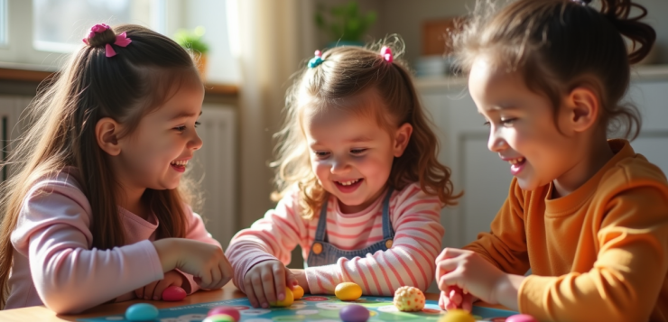 Trois enfants jouent avec des jeux de société colorés