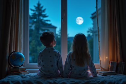 Deux enfants regardent la lune bleue depuis une fenêtre